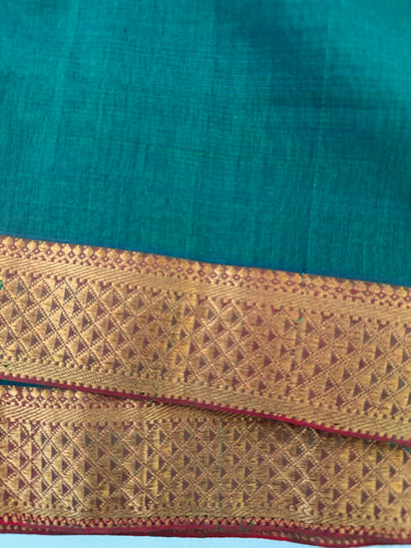 Handwoven Mangalgiri Cotton Saree | Peacock Blue Green | Gold Zari | Handwoven | Ships from California